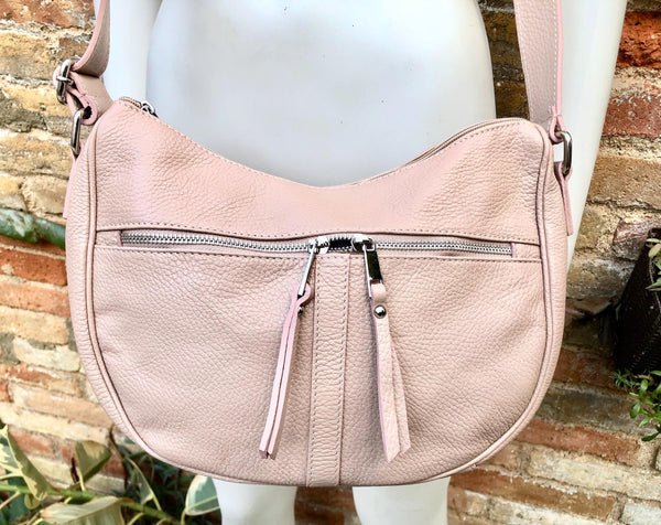 LIIGHT PINK messenger bag. Dusty pink genuine leather shoulder / crossbody bag. Zippers, adjustable strap and tassels. Pink leather purse