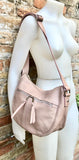 LIIGHT PINK messenger bag. Dusty pink genuine leather shoulder / crossbody bag. Zippers, adjustable strap and tassels. Pink leather purse
