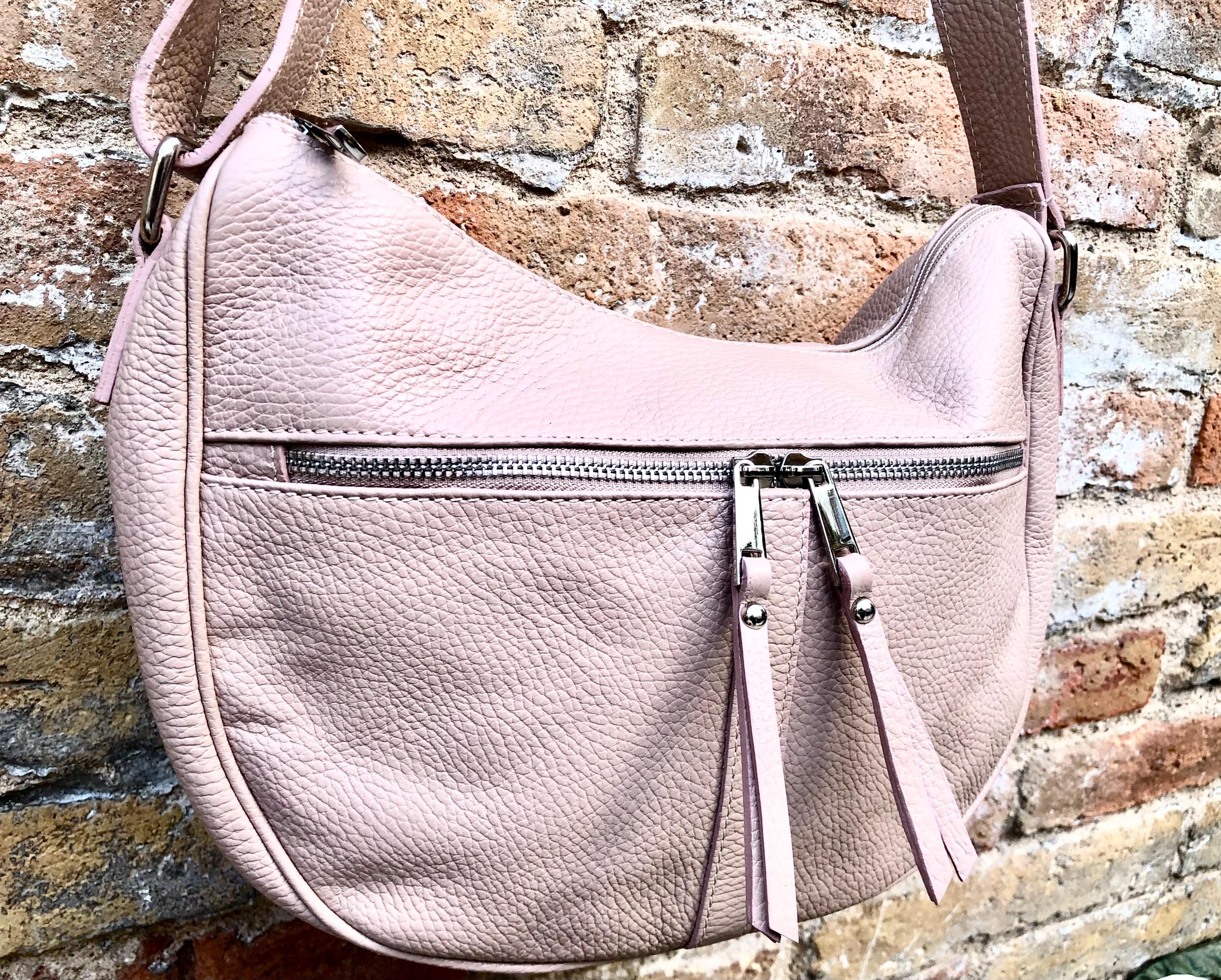 LIIGHT PINK messenger bag. Dusty pink genuine leather shoulder / crossbody bag. Zippers, adjustable strap and tassels. Pink leather purse