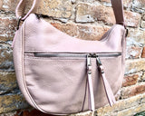 LIIGHT PINK messenger bag. Dusty pink genuine leather shoulder / crossbody bag. Zippers, adjustable strap and tassels. Pink leather purse