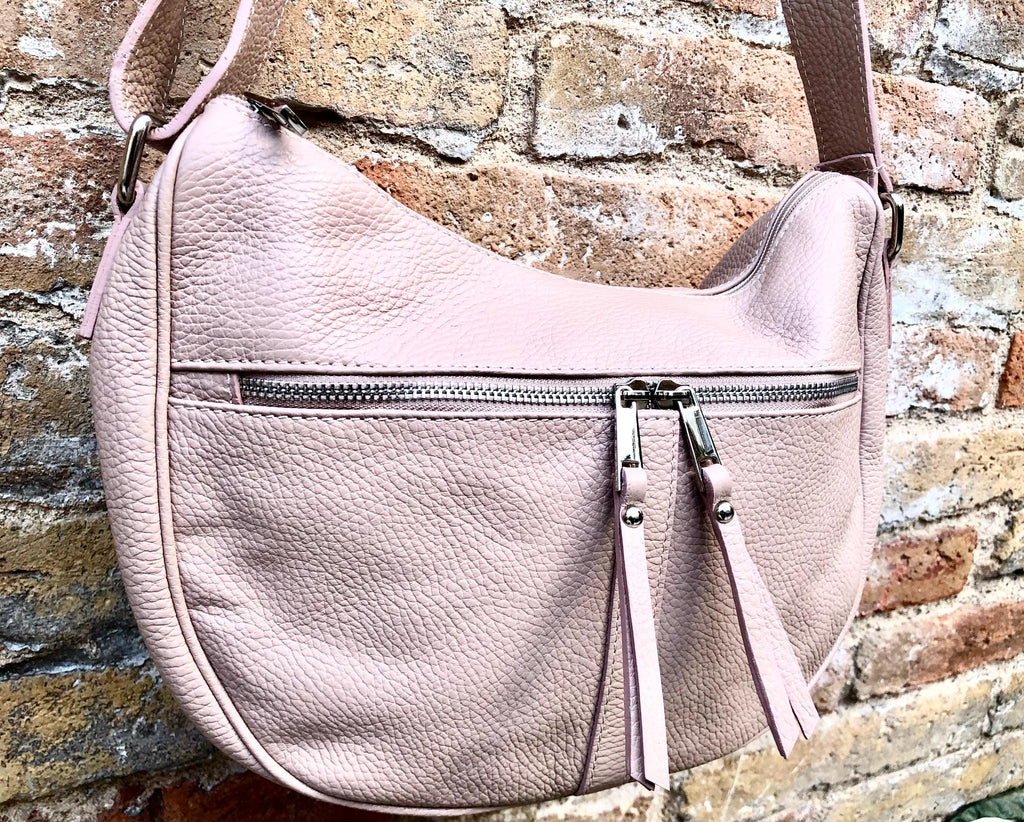 LIIGHT PINK messenger bag. Dusty pink genuine leather shoulder / crossbody bag. Zippers, adjustable strap and tassels. Pink leather purse