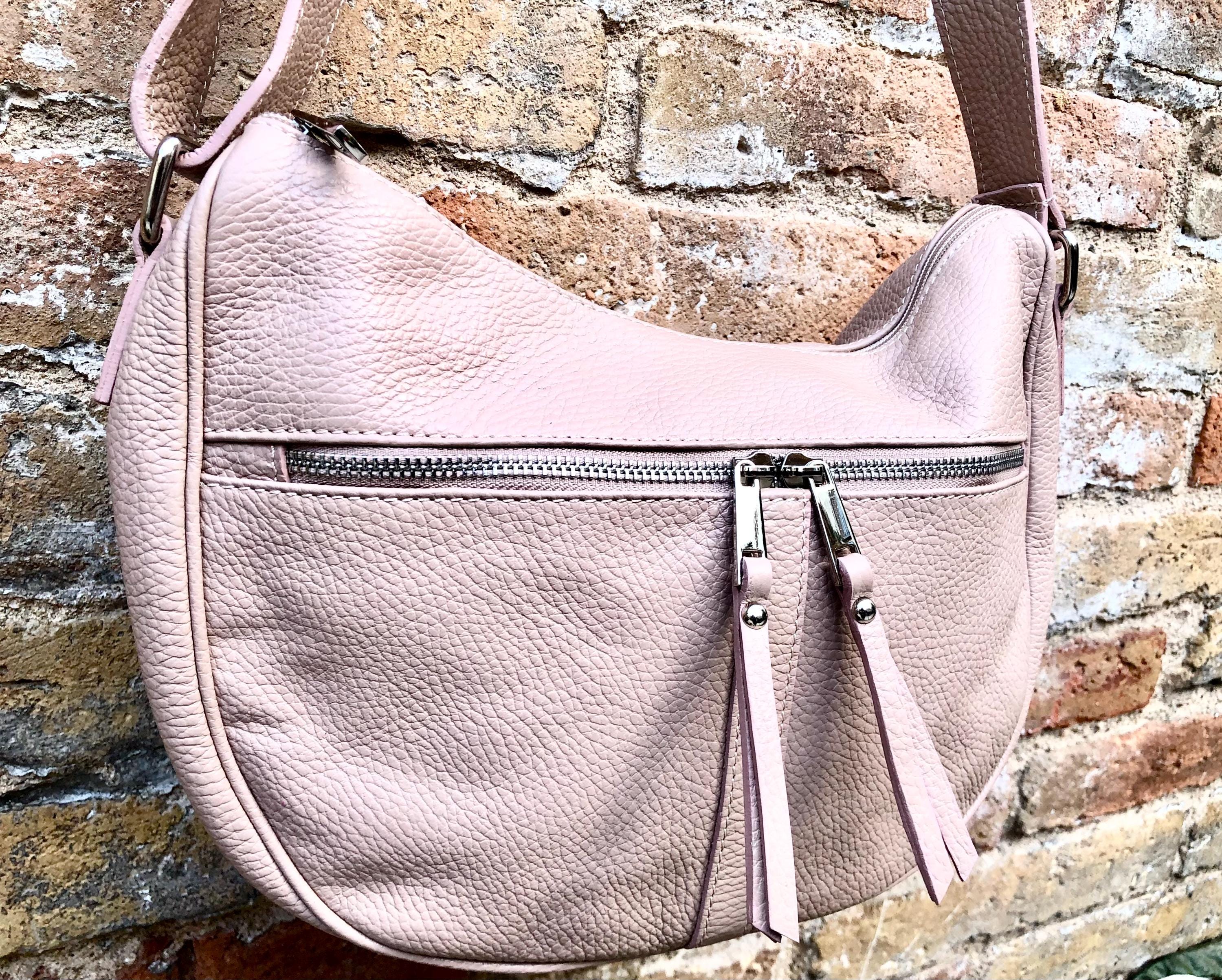 LIIGHT PINK messenger bag. Dusty pink genuine leather shoulder / crossbody bag. Zippers, adjustable strap and tassels. Pink leather purse