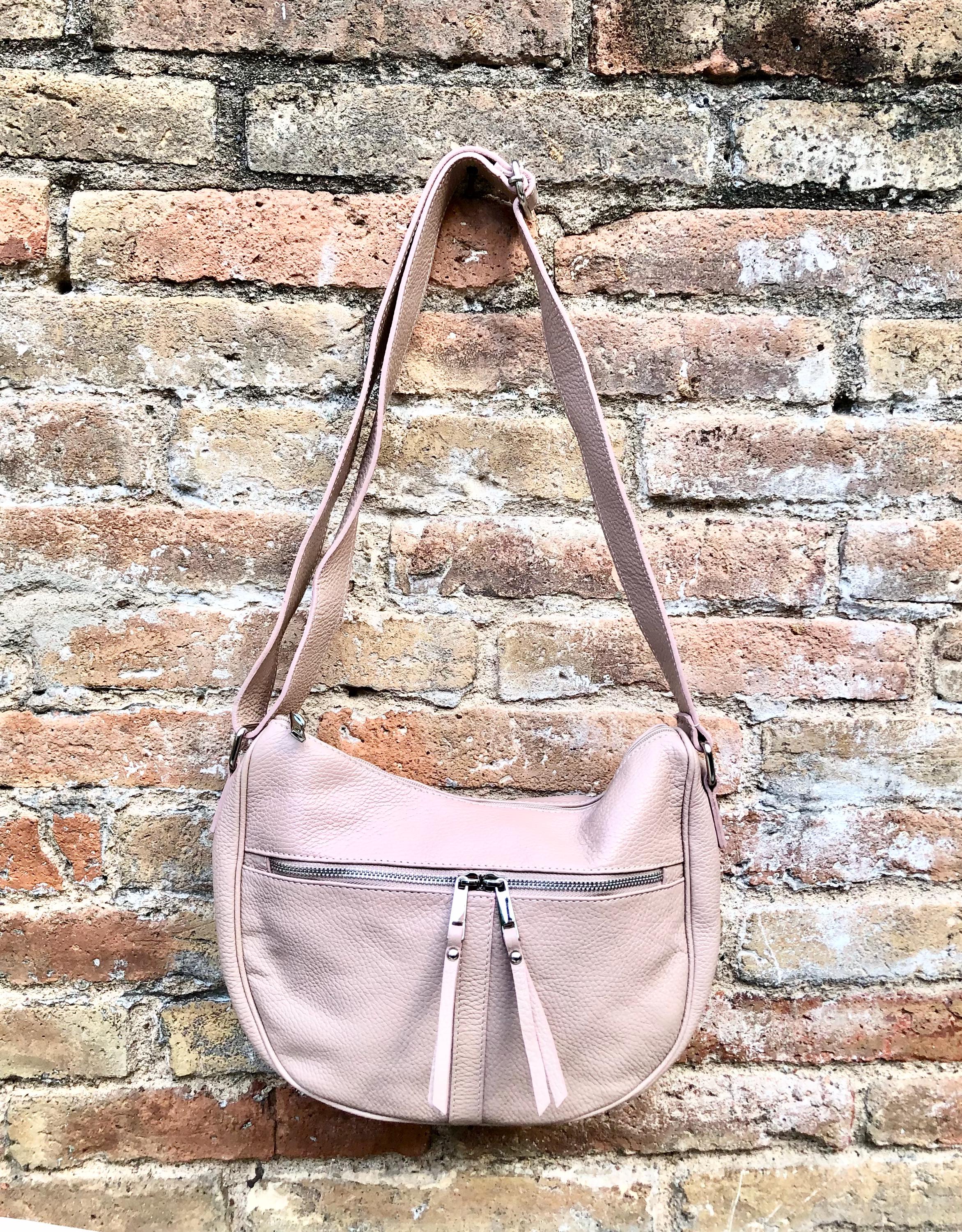 LIIGHT PINK messenger bag. Dusty pink genuine leather shoulder / crossbody bag. Zippers, adjustable strap and tassels. Pink leather purse