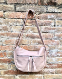 LIIGHT PINK messenger bag. Dusty pink genuine leather shoulder / crossbody bag. Zippers, adjustable strap and tassels. Pink leather purse