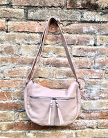 LIIGHT PINK messenger bag. Dusty pink genuine leather shoulder / crossbody bag. Zippers, adjustable strap and tassels. Pink leather purse