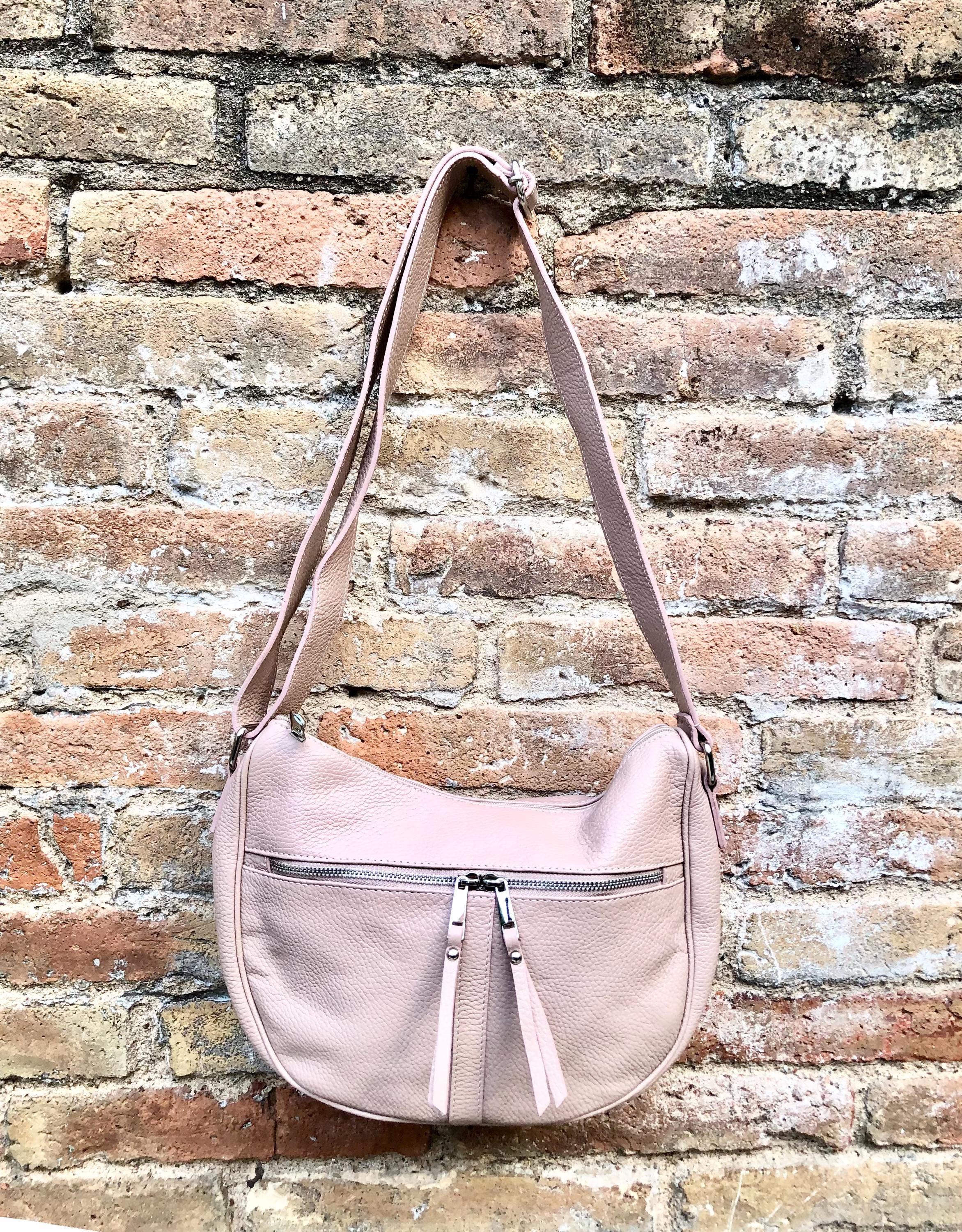LIIGHT PINK messenger bag. Dusty pink genuine leather shoulder / crossbody bag. Zippers, adjustable strap and tassels. Pink leather purse