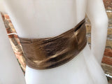 Dark GOLD obi belt. Wrap belt in soft genuine leather. Wraparound waist belt. Wide style. Boho dress belt in copper gold metallic leather