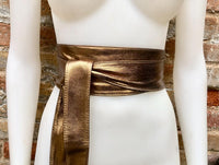 Dark GOLD obi belt. Wrap belt in soft genuine leather. Wraparound waist belt. Wide style. Boho dress belt in copper gold metallic leather