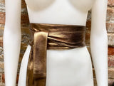 Dark GOLD obi belt. Wrap belt in soft genuine leather. Wraparound waist belt. Wide style. Boho dress belt in copper gold metallic leather