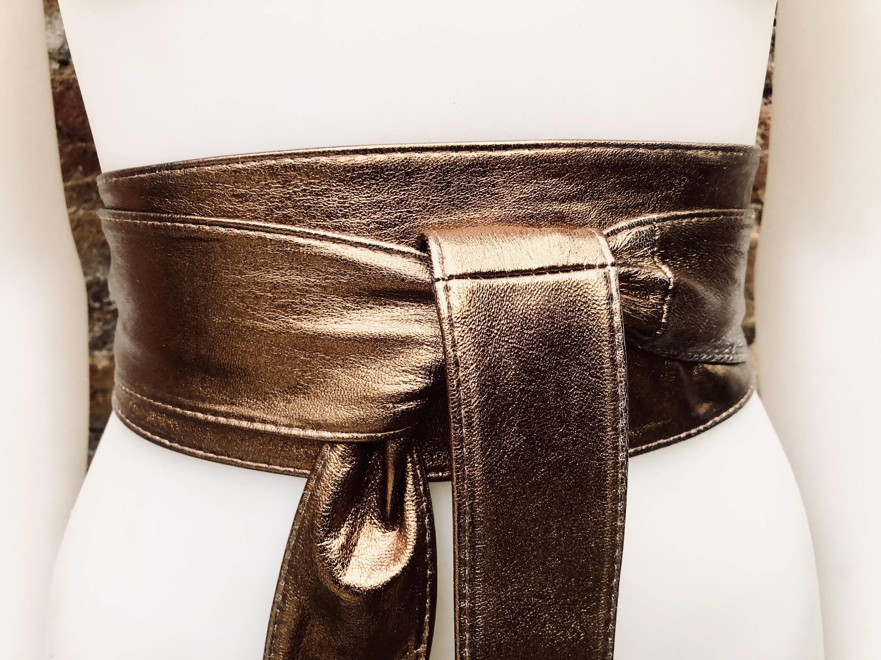 Dark GOLD obi belt. Wrap belt in soft genuine leather. Wraparound waist belt. Wide style. Boho dress belt in copper gold metallic leather