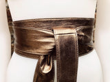 Dark GOLD obi belt. Wrap belt in soft genuine leather. Wraparound waist belt. Wide style. Boho dress belt in copper gold metallic leather