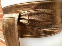 Dark GOLD obi belt. Wrap belt in soft genuine leather. Wraparound waist belt. Wide style. Boho dress belt in copper gold metallic leather