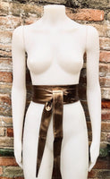 Dark GOLD obi belt. Wrap belt in soft genuine leather. Wraparound waist belt. Wide style. Boho dress belt in copper gold metallic leather
