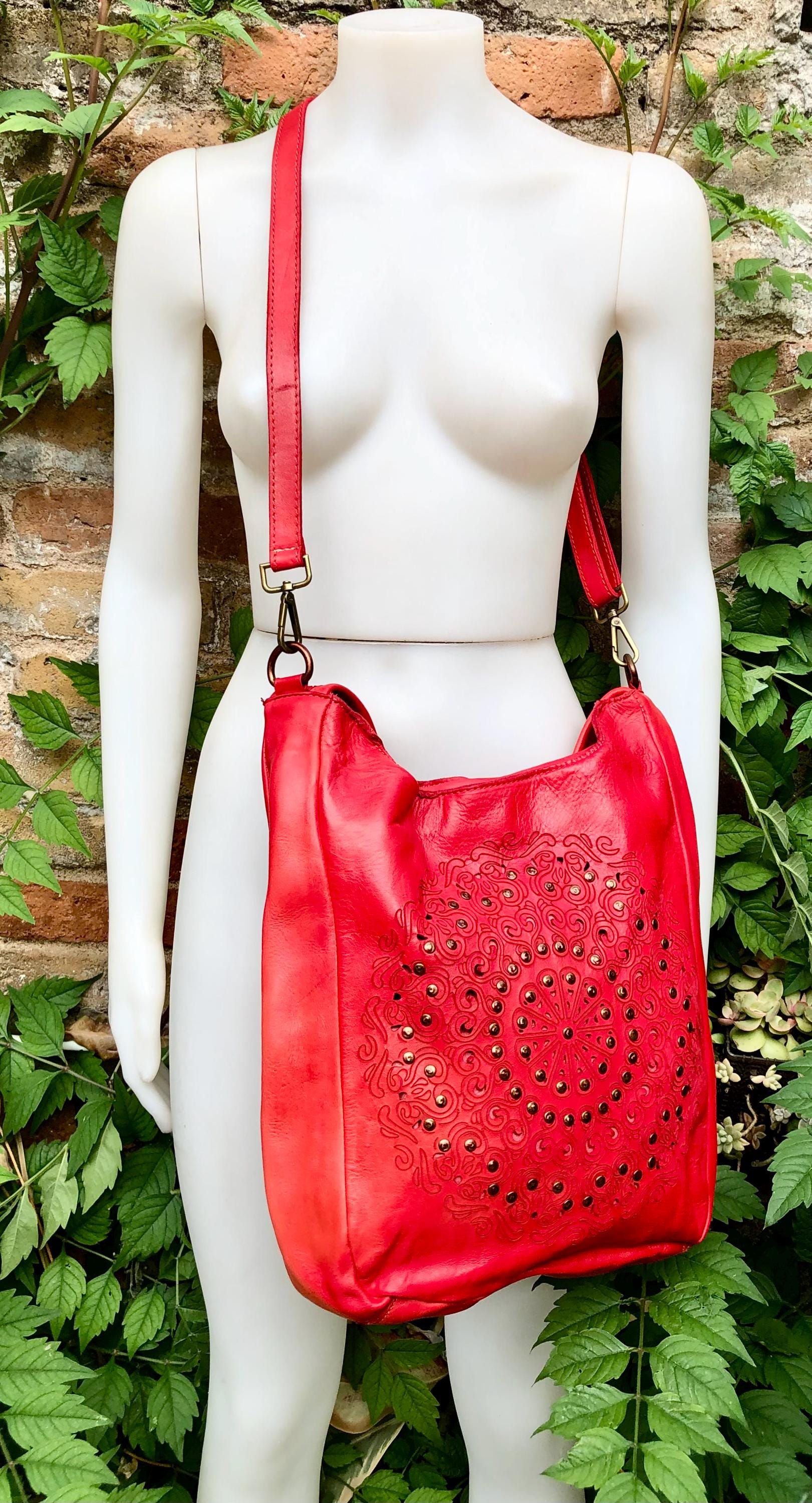 RED distressed leather shoulder / crossbody bag. Soft genuine leather shopper. Boho hippy bag for laptops, tablets, books. Red leather purse