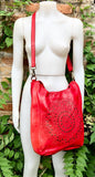 RED distressed leather shoulder / crossbody bag. Soft genuine leather shopper. Boho hippy bag for laptops, tablets, books. Red leather purse
