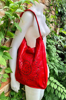RED distressed leather shoulder / crossbody bag. Soft genuine leather shopper. Boho hippy bag for laptops, tablets, books. Red leather purse