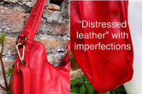 RED distressed leather shoulder / crossbody bag. Soft genuine leather shopper. Boho hippy bag for laptops, tablets, books. Red leather purse