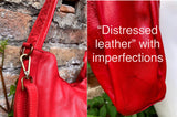 RED distressed leather shoulder / crossbody bag. Soft genuine leather shopper. Boho hippy bag for laptops, tablets, books. Red leather purse