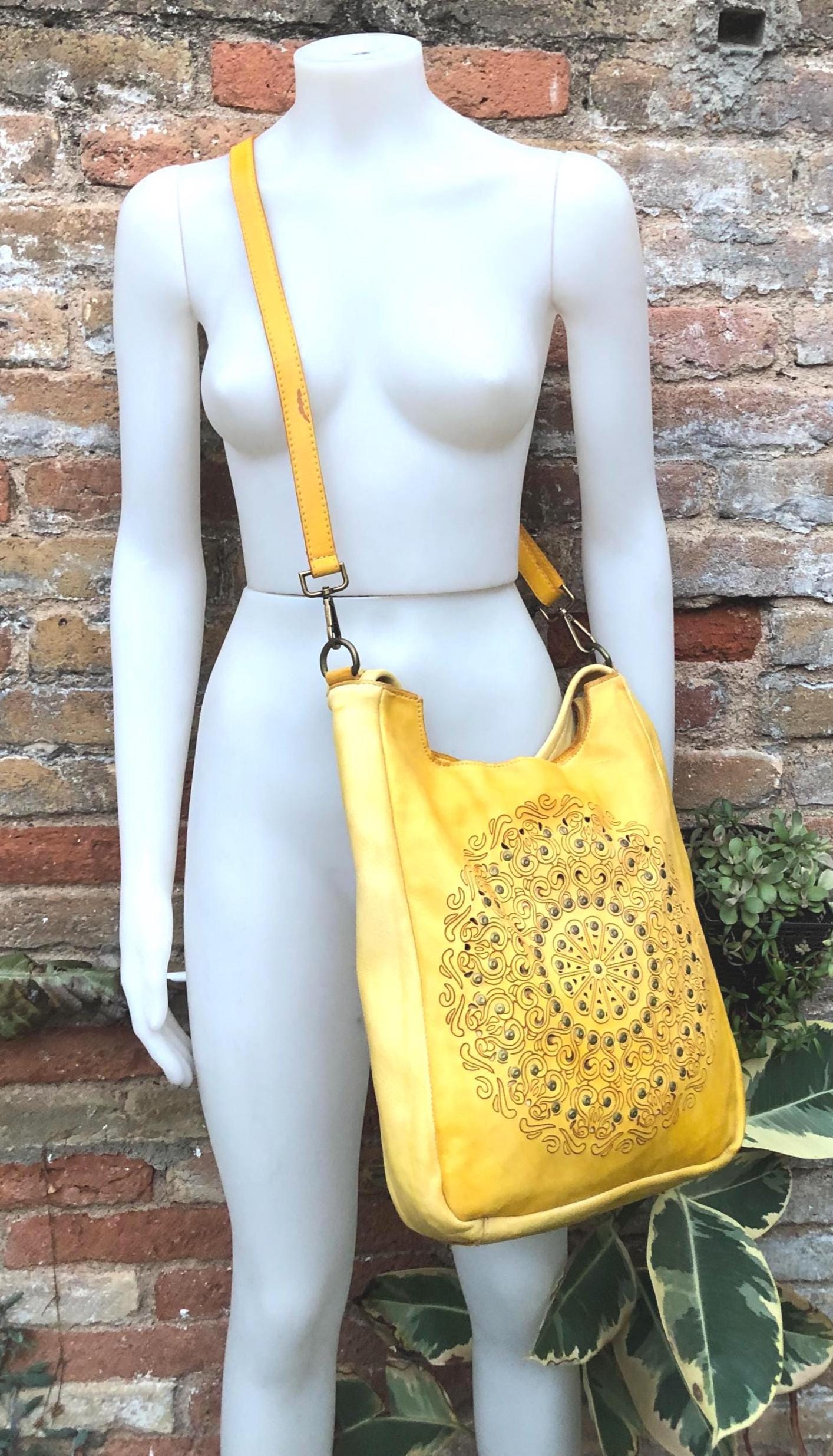 YELLOW distressed leather shoulder / crossbody bag. Soft genuine leather shopper. Boho hippy bag for , tablets, books. Yellow leather purse