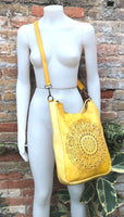 YELLOW distressed leather shoulder / crossbody bag. Soft genuine leather shopper. Boho hippy bag for , tablets, books. Yellow leather purse