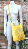 YELLOW distressed leather shoulder / crossbody bag. Soft genuine leather shopper. Boho hippy bag for , tablets, books. Yellow leather purse