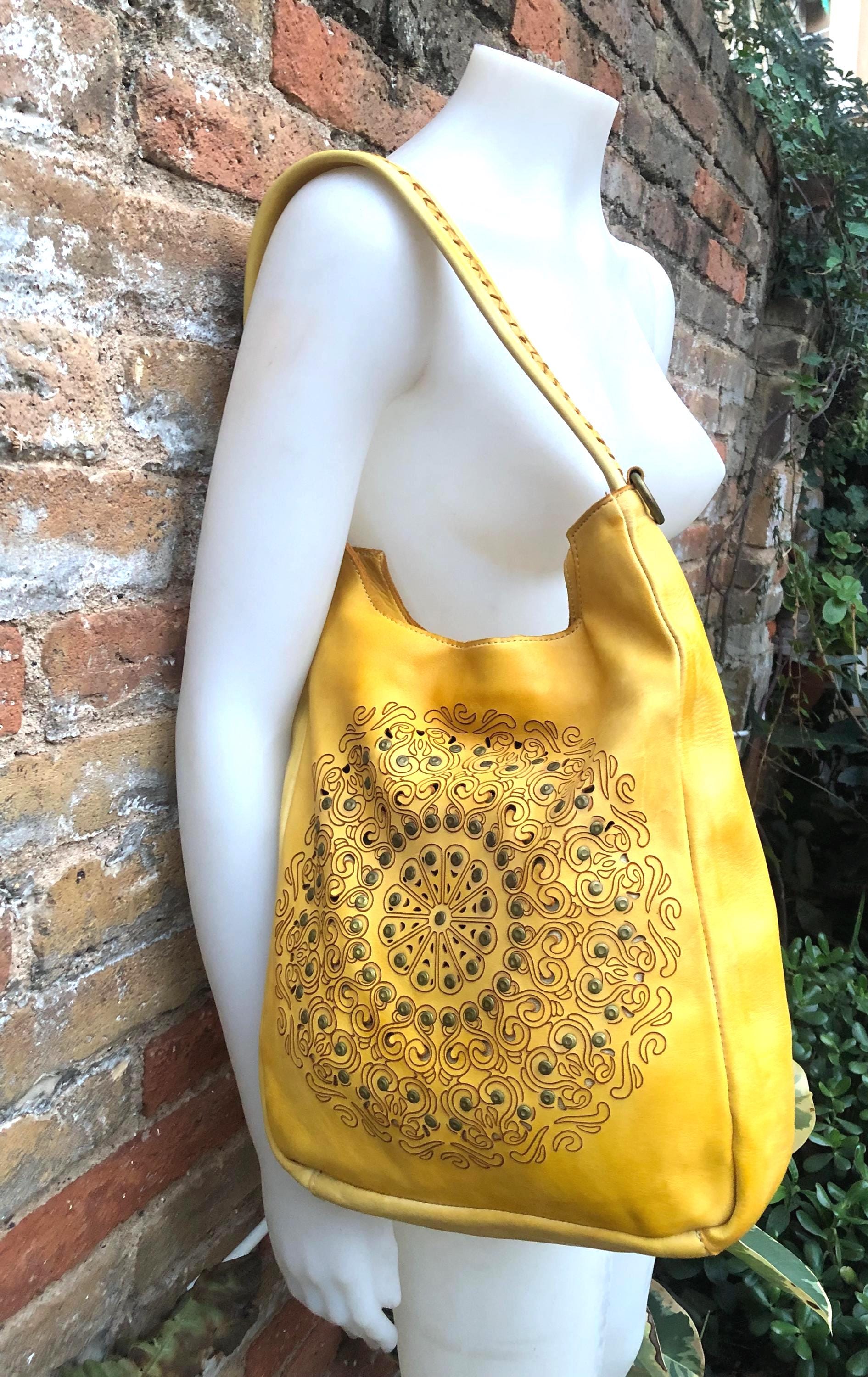 YELLOW distressed leather shoulder / crossbody bag. Soft genuine leather shopper. Boho hippy bag for , tablets, books. Yellow leather purse