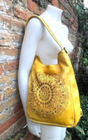 YELLOW distressed leather shoulder / crossbody bag. Soft genuine leather shopper. Boho hippy bag for , tablets, books. Yellow leather purse