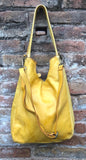 YELLOW distressed leather shoulder / crossbody bag. Soft genuine leather shopper. Boho hippy bag for , tablets, books. Yellow leather purse