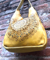 YELLOW distressed leather shoulder / crossbody bag. Soft genuine leather shopper. Boho hippy bag for , tablets, books. Yellow leather purse
