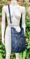 NAVY blue distressed leather shoulder / crossbody bag. Soft genuine leather shopper. Dark blue boho hippy bag. Navy leather purse