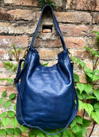 NAVY blue distressed leather shoulder / crossbody bag. Soft genuine leather shopper. Dark blue boho hippy bag. Navy leather purse