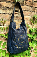 NAVY blue distressed leather shoulder / crossbody bag. Soft genuine leather shopper. Dark blue boho hippy bag. Navy leather purse