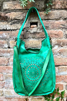 GREEN distressed leather shoulder / crossbody bag. Soft genuine leather shopper. Green boho hippy bag. Green leather purse with tack design