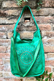 GREEN distressed leather shoulder / crossbody bag. Soft genuine leather shopper. Green boho hippy bag. Green leather purse with tack design