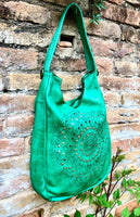 GREEN distressed leather shoulder / crossbody bag. Soft genuine leather shopper. Green boho hippy bag. Green leather purse with tack design