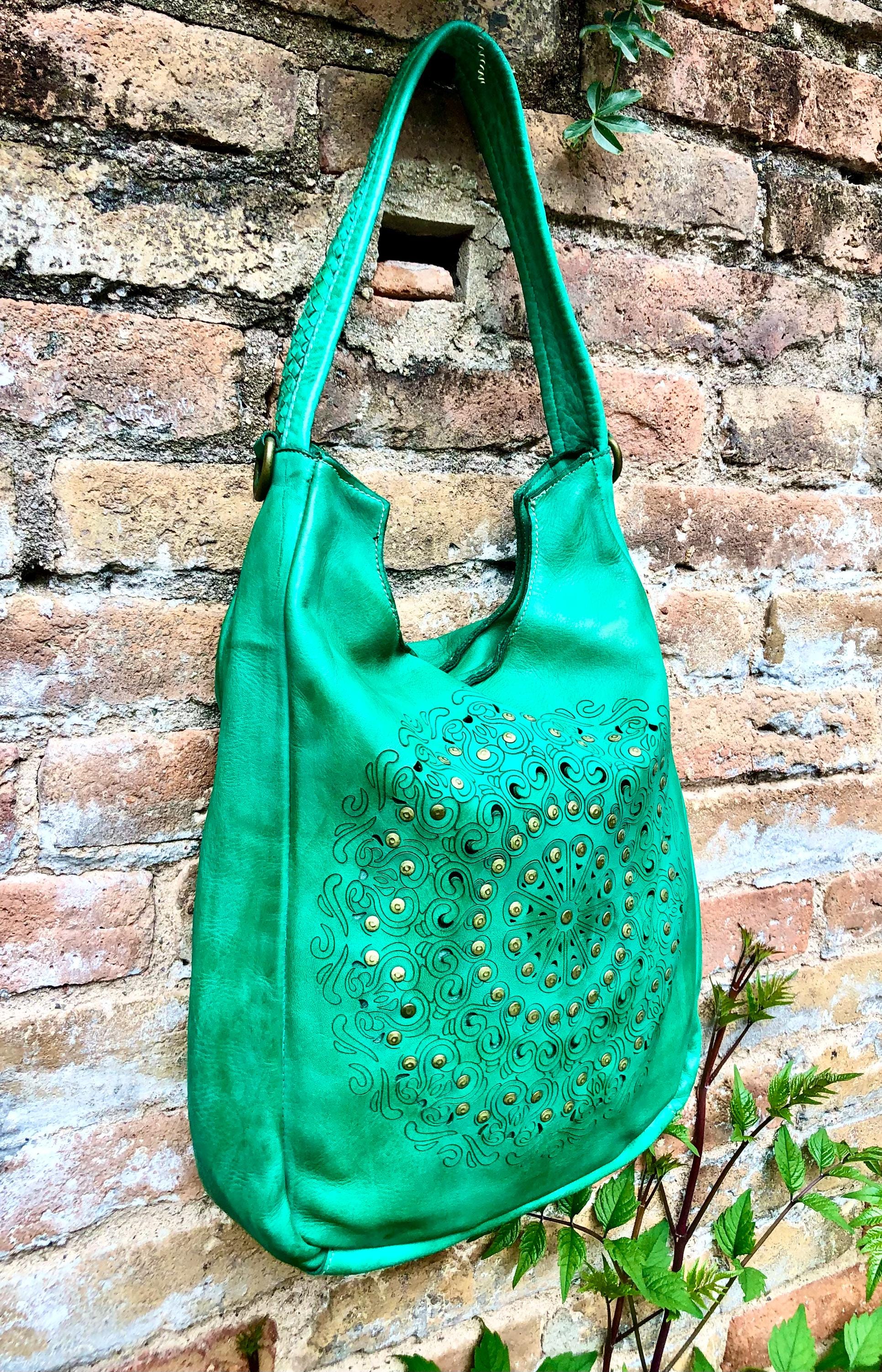 GREEN distressed leather shoulder / crossbody bag. Soft genuine leather shopper. Green boho hippy bag. Green leather purse with tack design