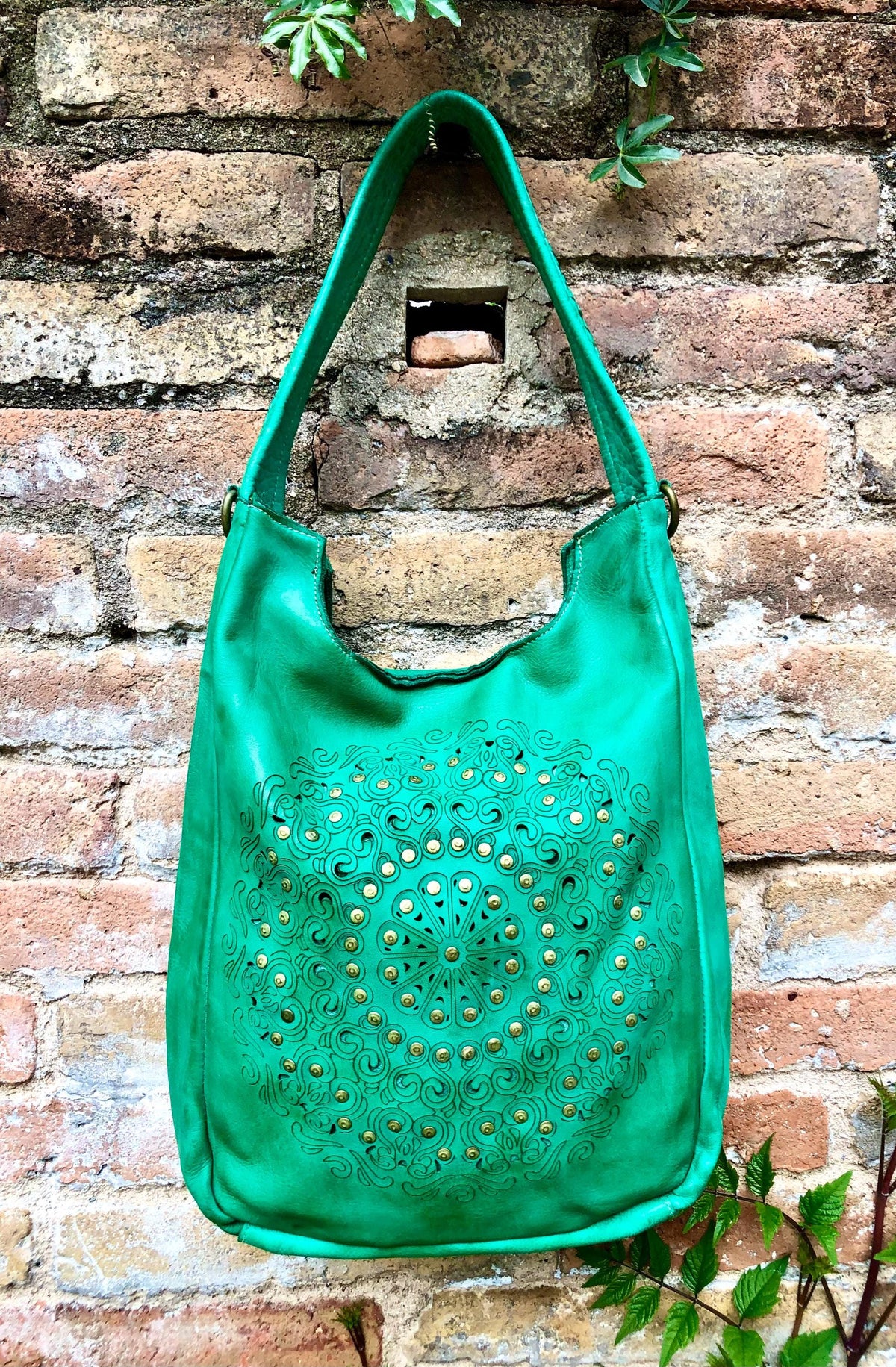 GREEN distressed leather shoulder / crossbody bag. Soft genuine leather shopper. Green boho hippy bag. Green leather purse with tack design