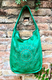 GREEN distressed leather shoulder / crossbody bag. Soft genuine leather shopper. Green boho hippy bag. Green leather purse with tack design