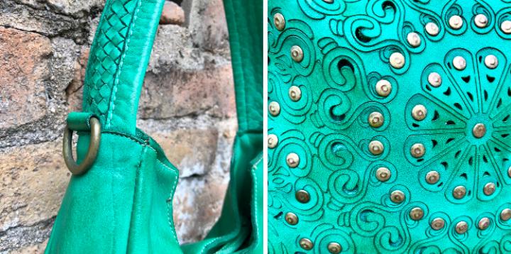 GREEN distressed leather shoulder / crossbody bag. Soft genuine leather shopper. Green boho hippy bag. Green leather purse with tack design