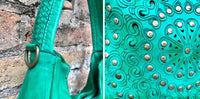 GREEN distressed leather shoulder / crossbody bag. Soft genuine leather shopper. Green boho hippy bag. Green leather purse with tack design