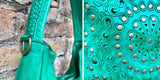 GREEN distressed leather shoulder / crossbody bag. Soft genuine leather shopper. Green boho hippy bag. Green leather purse with tack design