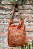 CAMEL brown distressed leather shoulder / crossbody bag. Soft genuine leather shopper. Rusty brown boho hippy bag. Brown leather purse