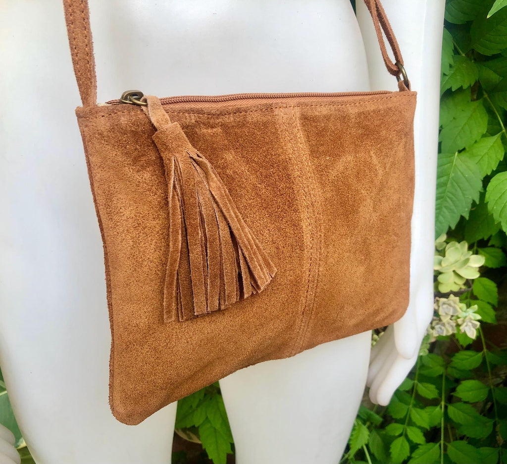 Suede leather bag in CAMEL BROWN Cross body bag, shoulder bag in GENUINE leather. Small leather bag with adjustable strap and zipper.