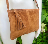 Suede leather bag in CAMEL BROWN Cross body bag, shoulder bag in GENUINE leather. Small leather bag with adjustable strap and zipper.