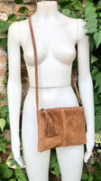 Suede leather bag in CAMEL BROWN Cross body bag, shoulder bag in GENUINE leather. Small leather bag with adjustable strap and zipper.