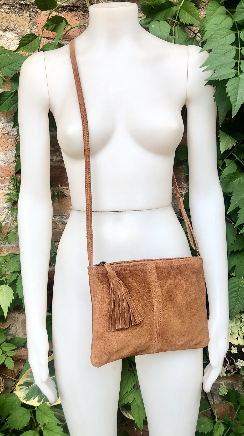 Suede leather bag in CAMEL BROWN Cross body bag, shoulder bag in GENUINE leather. Small leather bag with adjustable strap and zipper.