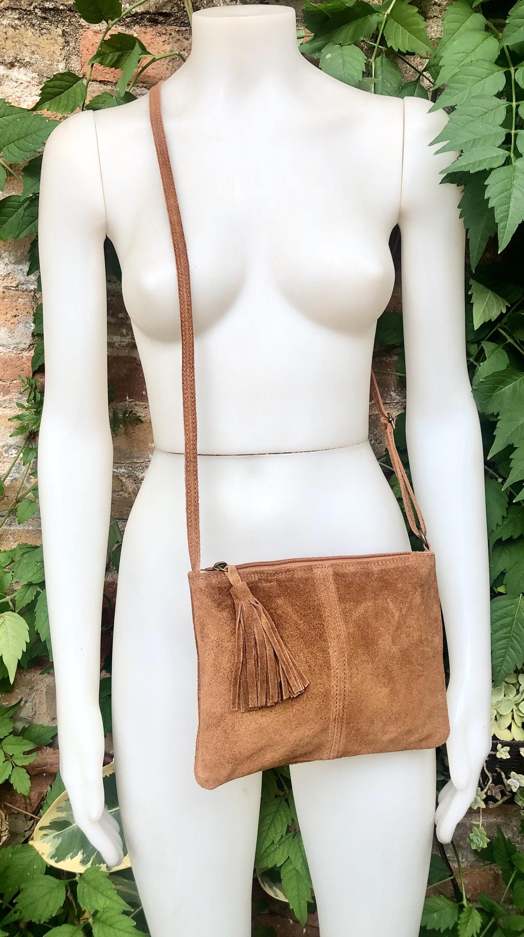 Suede leather bag in CAMEL BROWN Cross body bag, shoulder bag in GENUINE leather. Small leather bag with adjustable strap and zipper.