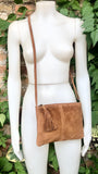 Suede leather bag in CAMEL BROWN Cross body bag, shoulder bag in GENUINE leather. Small leather bag with adjustable strap and zipper.