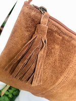 Suede leather bag in CAMEL BROWN Cross body bag, shoulder bag in GENUINE leather. Small leather bag with adjustable strap and zipper.
