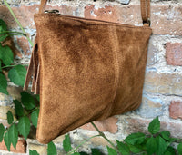 Suede leather bag in CAMEL BROWN Cross body bag, shoulder bag in GENUINE leather. Small leather bag with adjustable strap and zipper.